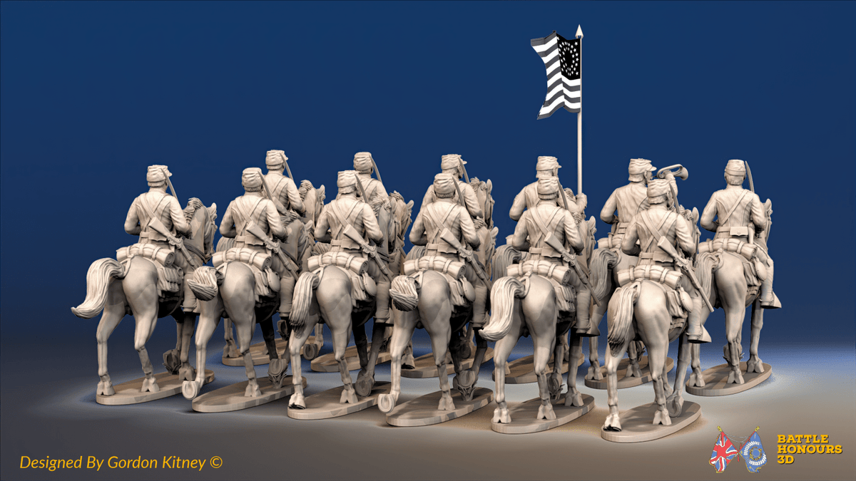 ACW Union Cavalry Regiment - Shell Jackets, Trotting with Swords - 12 mounted figures, rear view