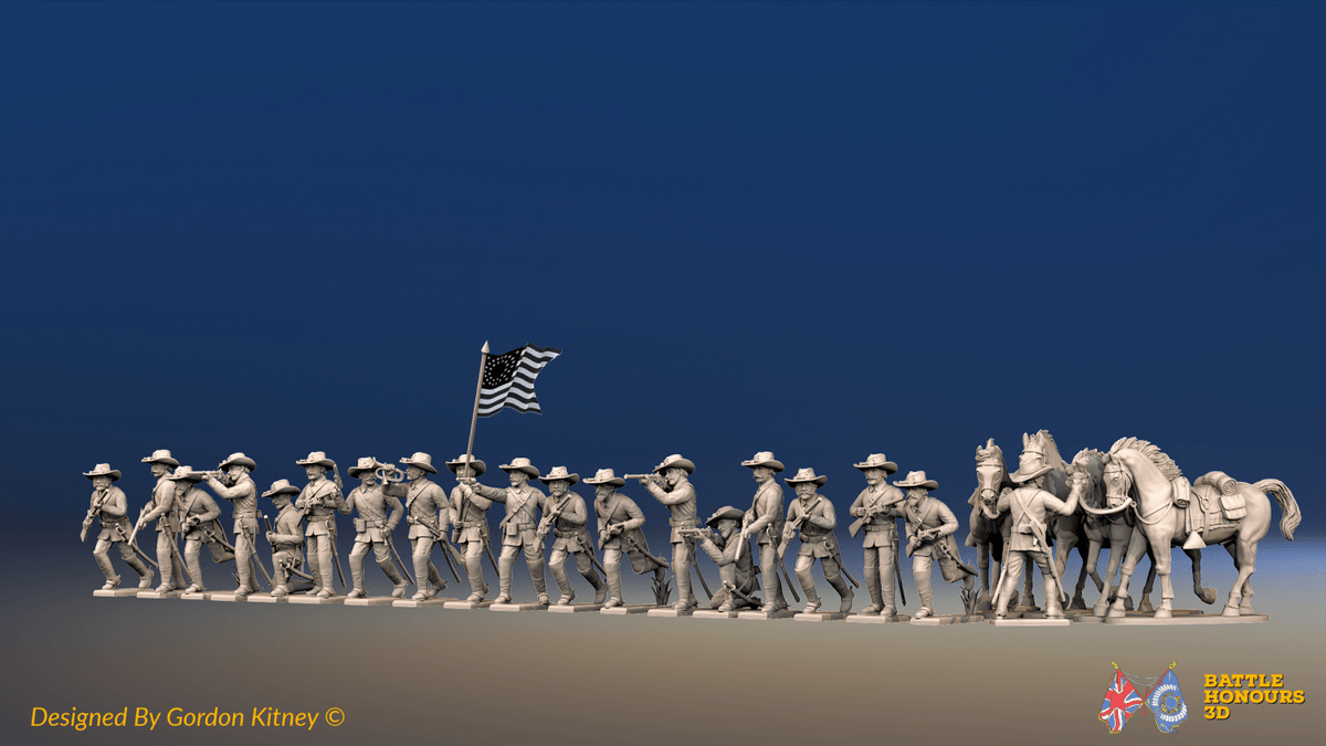 ACW Union Dismounted Cavalry - Sack Coats and Hats - 19 figures and 4 horses, front view