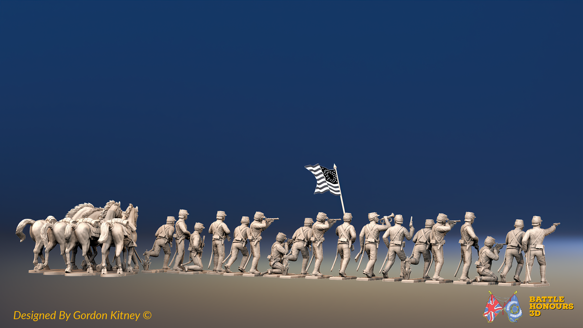 ACW Union Dismounted Cavalry - Shell Jackets and Kepis - 19 figures and 4 horses, rear view