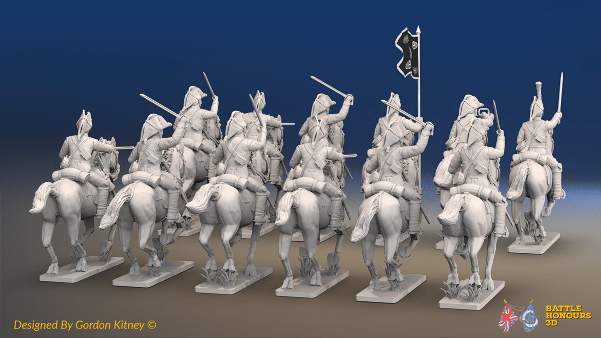 Napoleonic British Heavy Dragoon Regiment - Bicornes, Galloping - 12 mounted figures, rear view