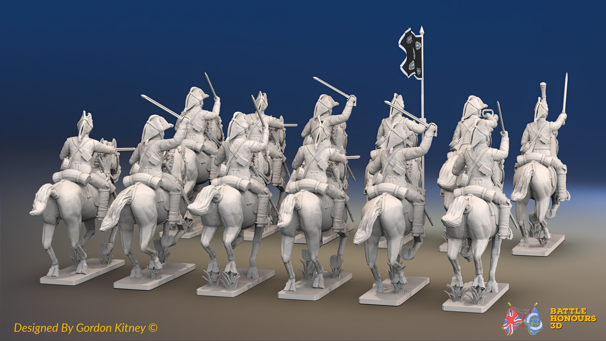 Napoleonic British Heavy Dragoon Regiment - Bicornes, Galloping - 12 mounted figures, rear view