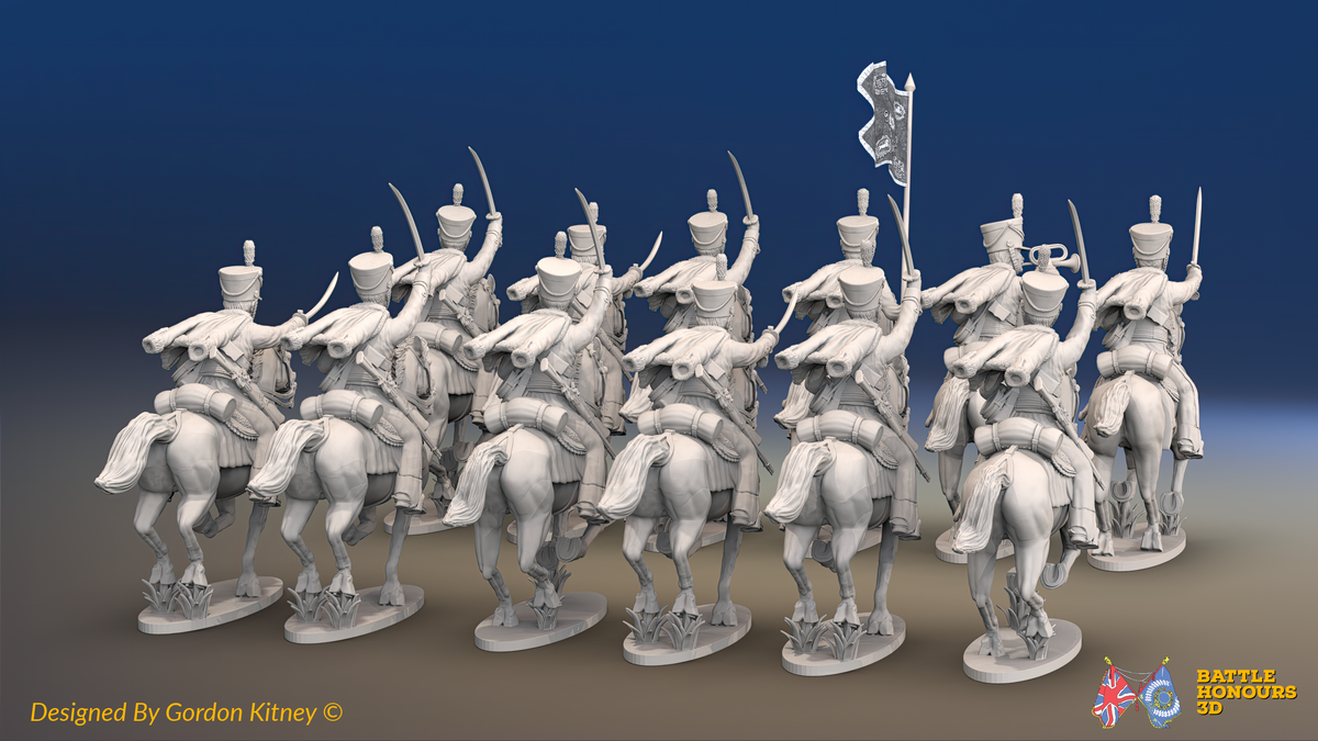 Napoleonic British Hussar Regiment - Bell Shakos, Galloping - 12 mounted figures, rear view