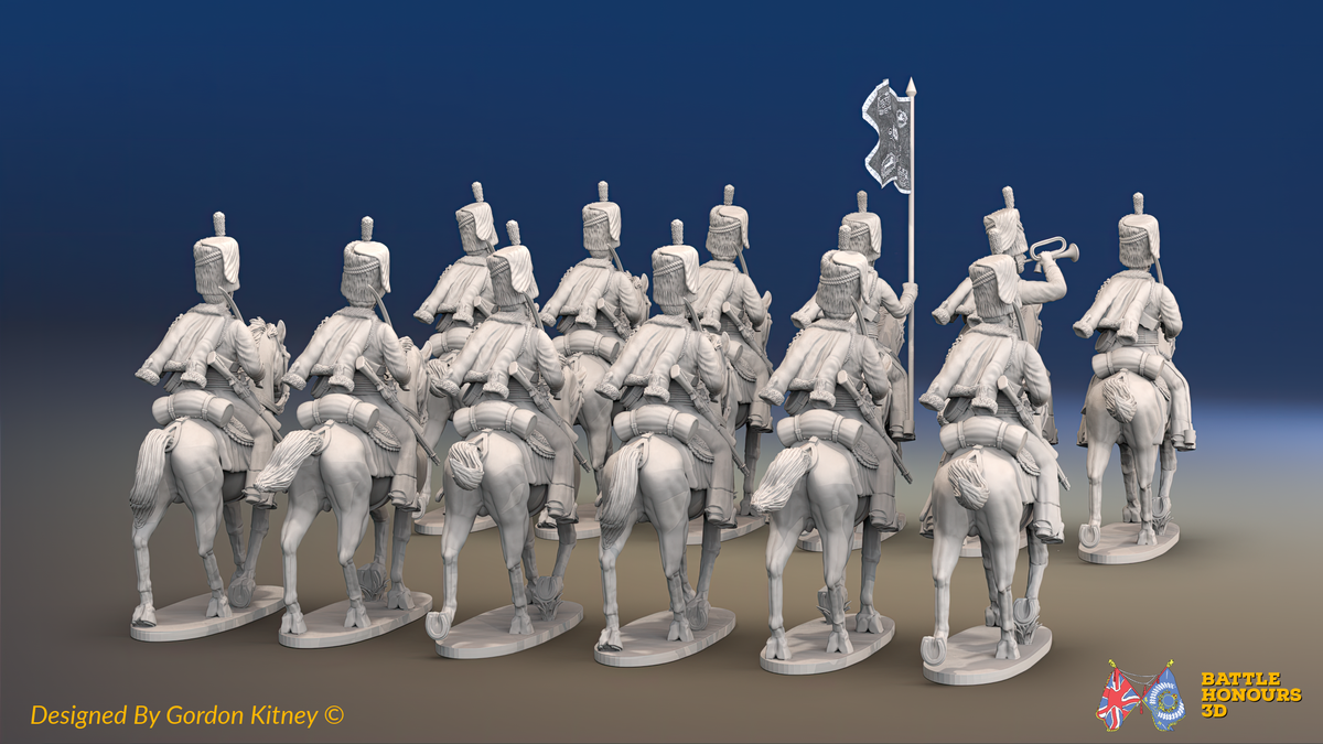 Napoleonic British Hussar Regiment - Busbies, Trotting - 12 mounted figures, rear view