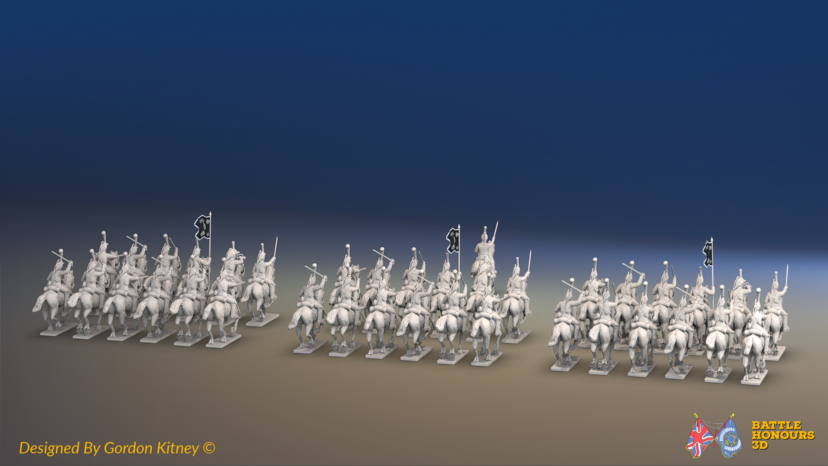 Napoleonic British Heavy Dragoon Brigade - Plumed Bicornes, Galloping - 37 mounted figures, rear view
