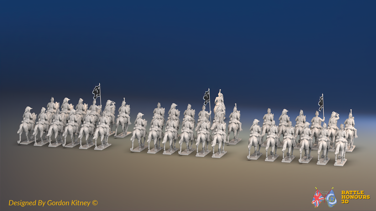 Napoleonic British Heavy Dragoon Brigade - Bicornes, Trotting - 37 mounted figures, rear view