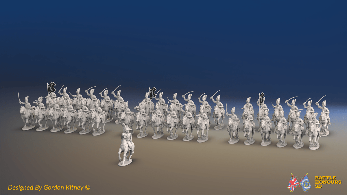 Napoleonic British Light Dragoon Brigade - Tarleton Helmets, Galloping - 37 mounted figures, front view