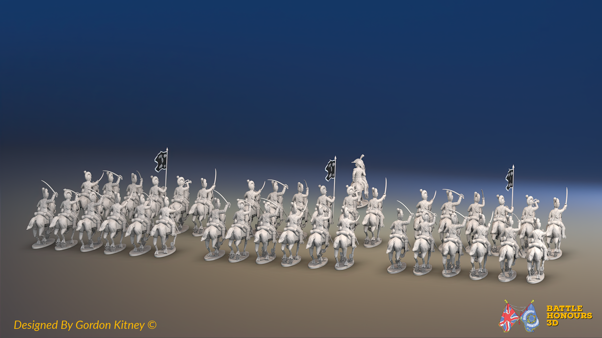Napoleonic British Light Dragoon Brigade - Tarleton Helmets, Galloping - 37 mounted figures, rear view