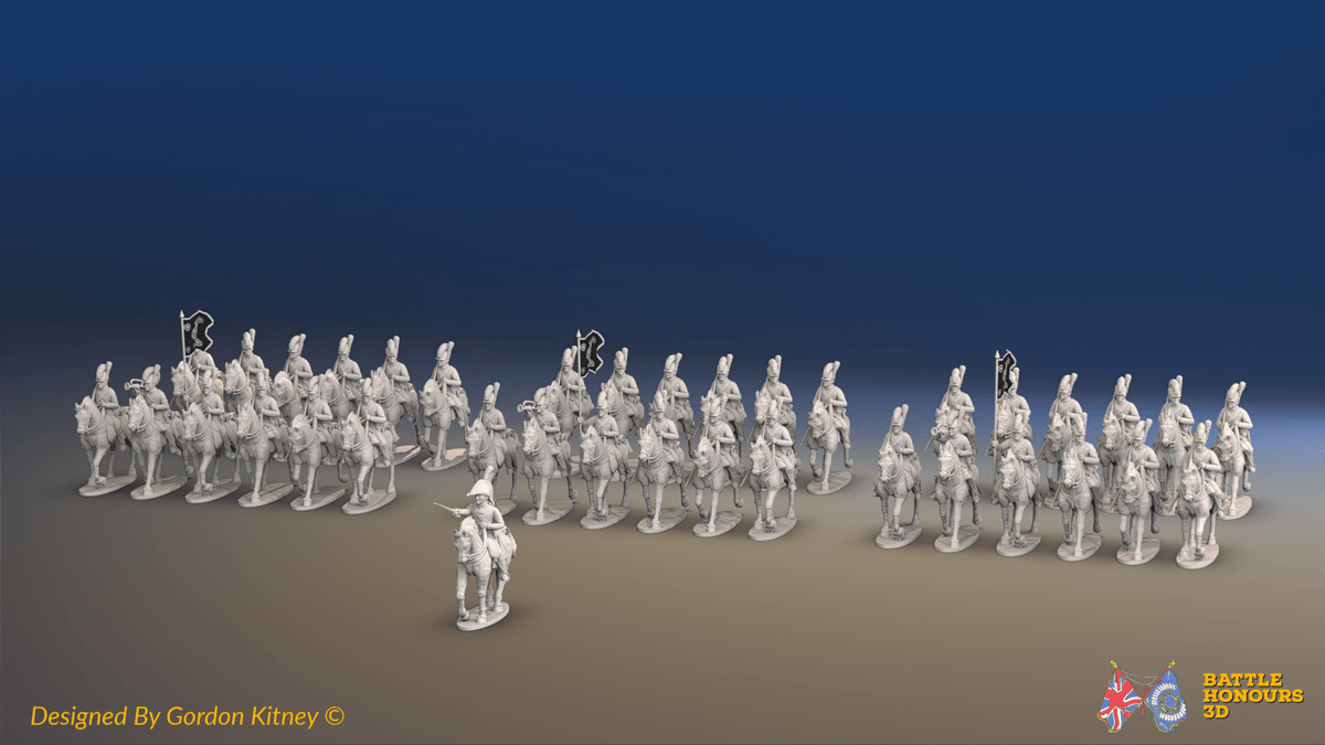 Napoleonic British Light Dragoon Brigade - Tarleton Helmets, Trotting - 37 mounted figures, front view