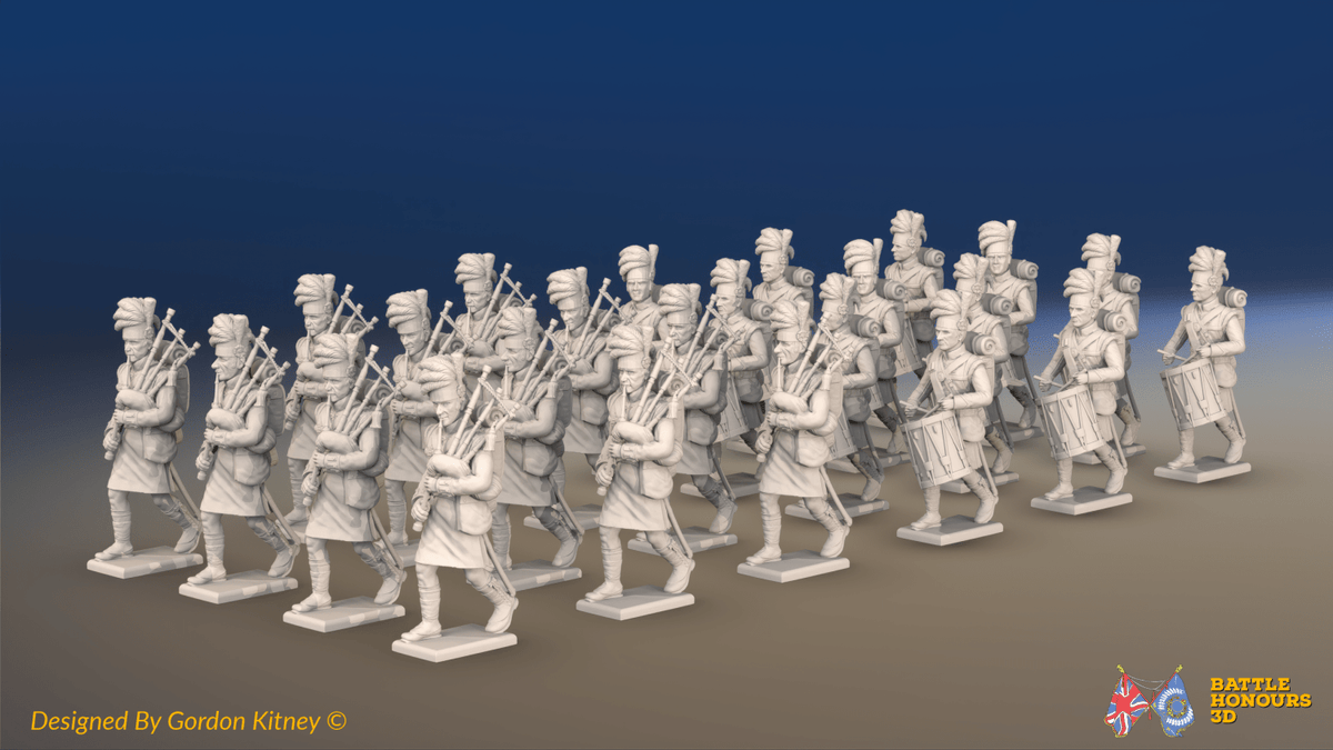 Napoleonic Scottish Highland Pipes and Drums Band - Kilts - 24 figures, front view