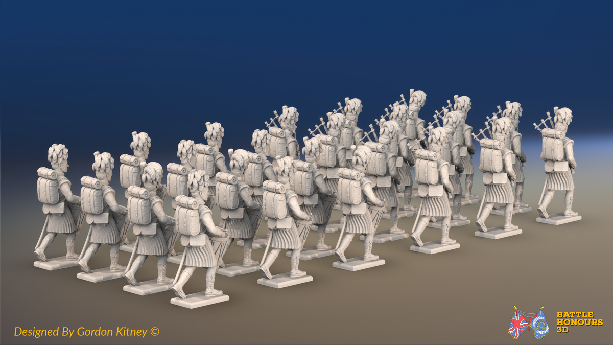 Napoleonic Scottish Highland Pipes and Drums Band - Kilts - 24 figures, rear view