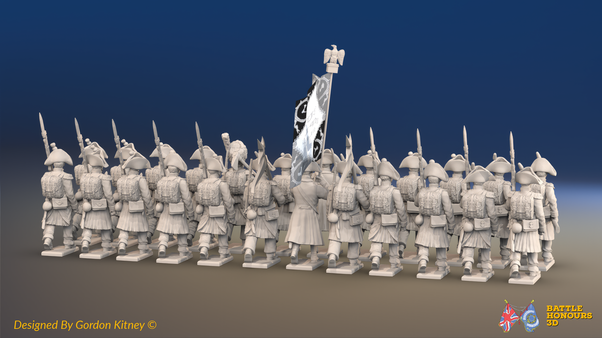 Napoleonic French Line Infantry Battalion Advancing - Greatcoats and Bicornes - 24 figures, rear view