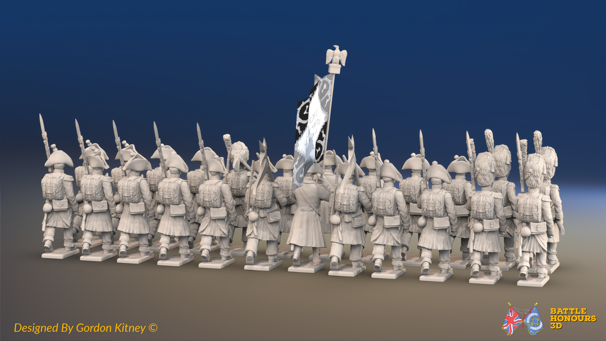 Napoleonic French Line Infantry Battalion Advancing - Bicornes, Greatcoats and Bearskin Grenadiers - 24 figures, rear view