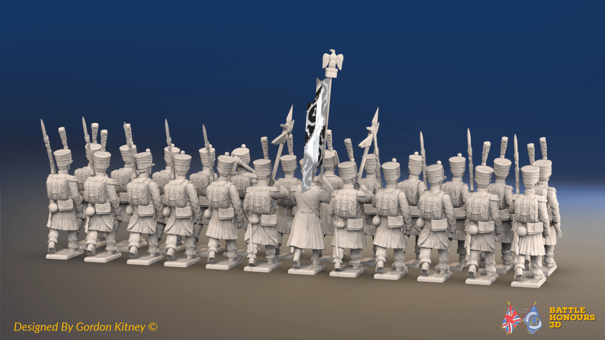 Napoleonic French Line Infantry Battalion Advancing - Greatcoats and Shakos - 24 figures, rear view