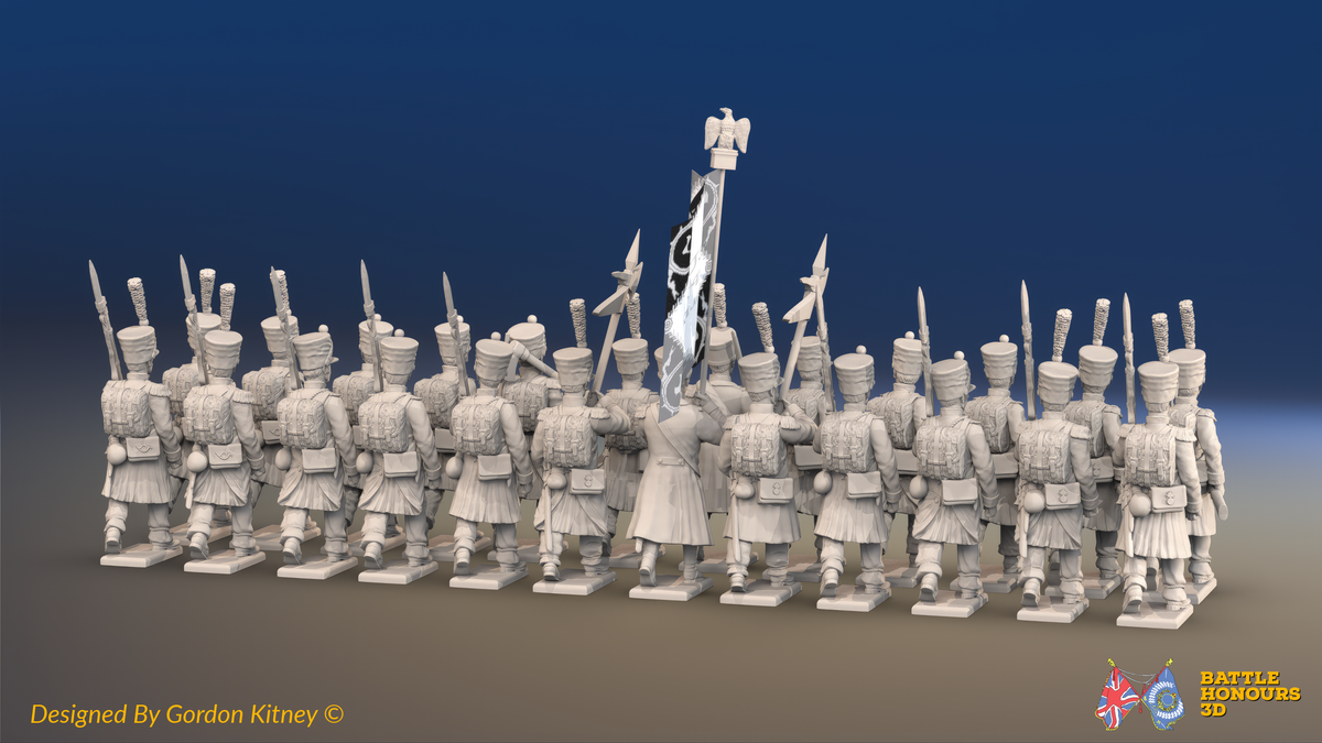 Napoleonic French Line Infantry Battalion Advancing - Greatcoats and Shakos - 24 figures, rear view