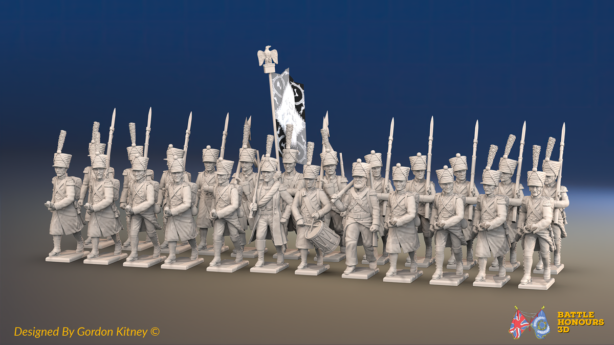Napoleonic French Line Infantry Battalion Advancing - Shakos, Greatcoats and Gaiters - 24 figures, front view