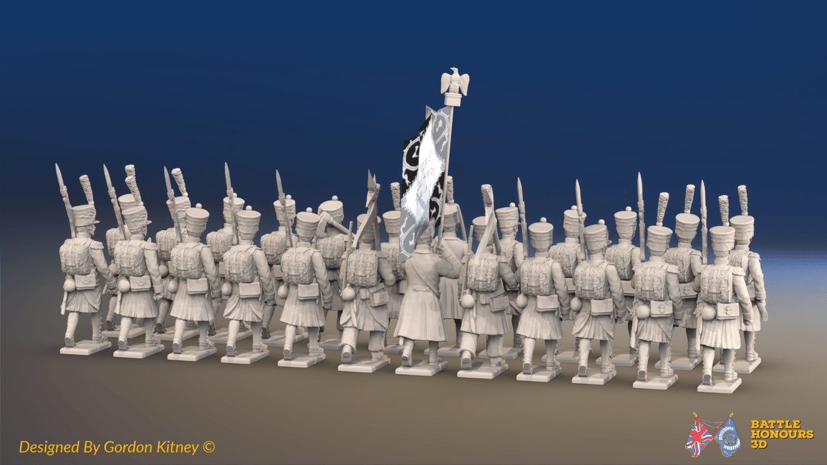 Napoleonic French Line Infantry Battalion Advancing - Shakos, Greatcoats and Gaiters - 24 figures, rear view
