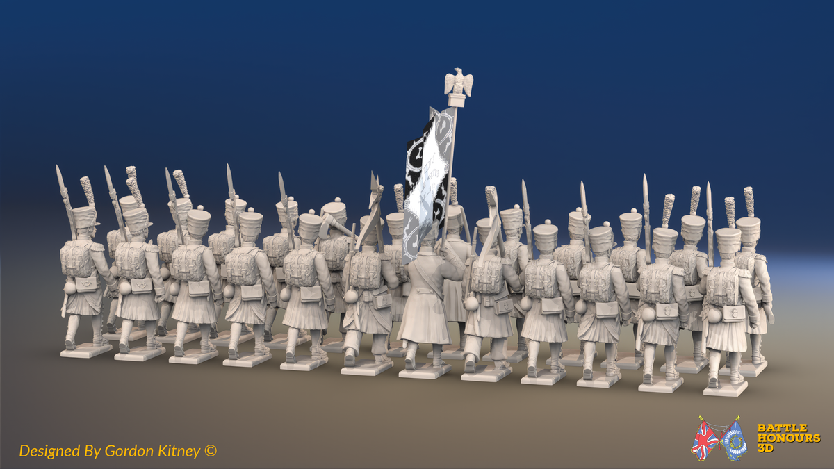 Napoleonic French Line Infantry Battalion Advancing - Shakos, Greatcoats and Gaiters - 24 figures, rear view