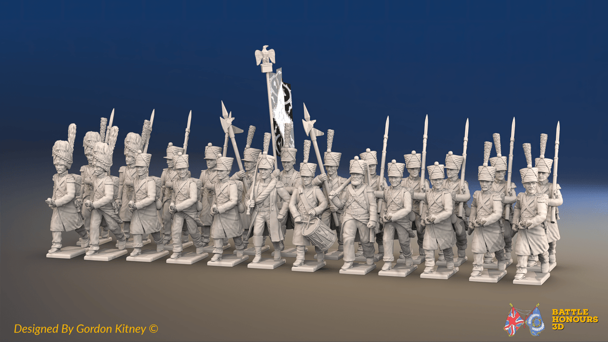 Napoleonic French Line Infantry Battalion Advancing - Greatcoats and Bearskin Grenadiers - 24 figures, front view