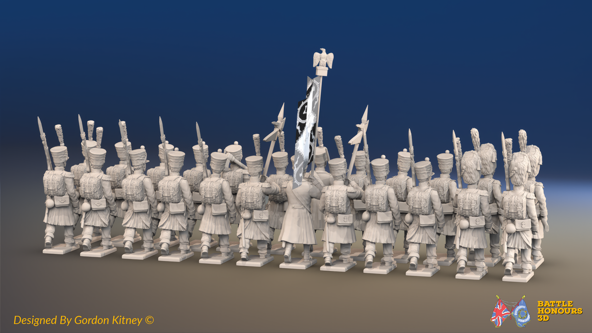 Napoleonic French Line Infantry Battalion Advancing - Greatcoats and Bearskin Grenadiers - 24 figures, rear view
