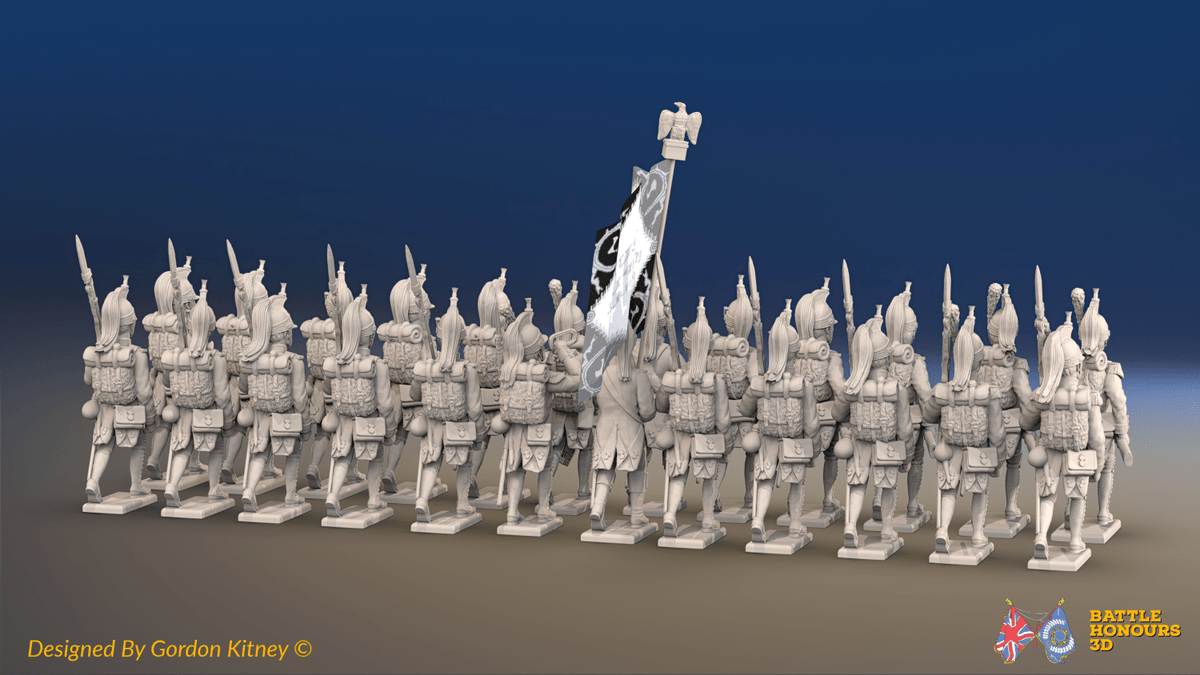 Napoleonic French Foot Dragoon Battalion Advancing - Plumed Helmets and Gaiters - 24 figures, rear view