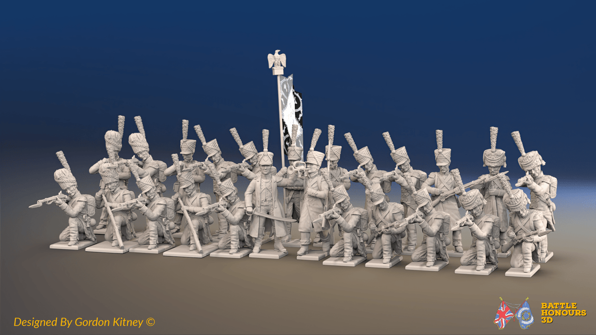 Napoleonic French Light Infantry Battalion Kneeling Firing Line - Greatcoats - 24 figures, front view