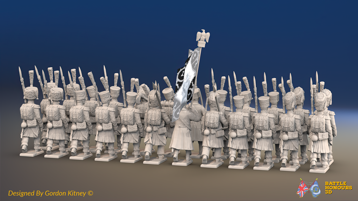 Napoleonic French Light Infantry Battalion Marching - Greatcoats - 24 figures, rear view