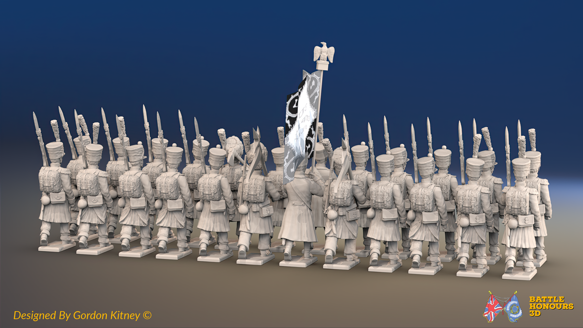 Napoleonic French Line Infantry Battalion Marching - Greatcoats, Shakos - 24 figures, rear view