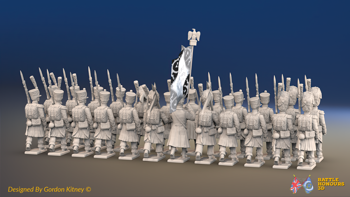 Napoleonic French Line Infantry Battalion Marching - Greatcoats, Shakos and Bearskin Grenadiers - 24 figures, rear view