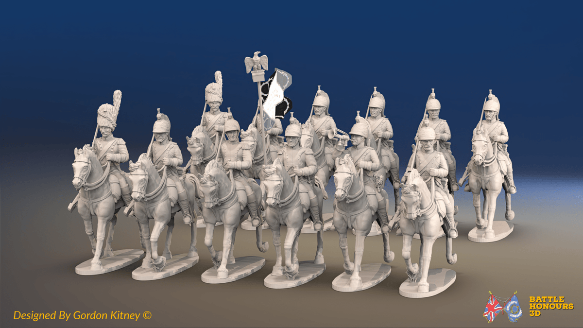 Napoleonic French Dragoon Regiment - Covered Helmets, Trotting - 12 mounted figures, front view