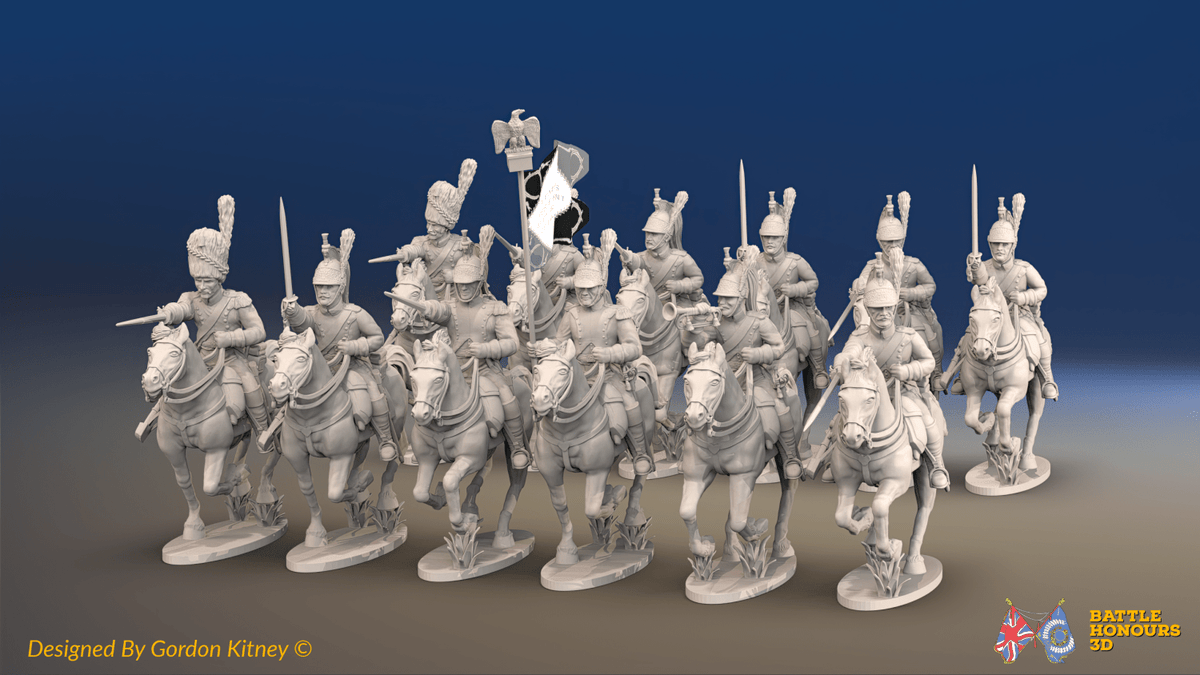 Napoleonic French Dragoon Regiment - Uncovered Helmets, Galloping - 12 mounted figures, front view