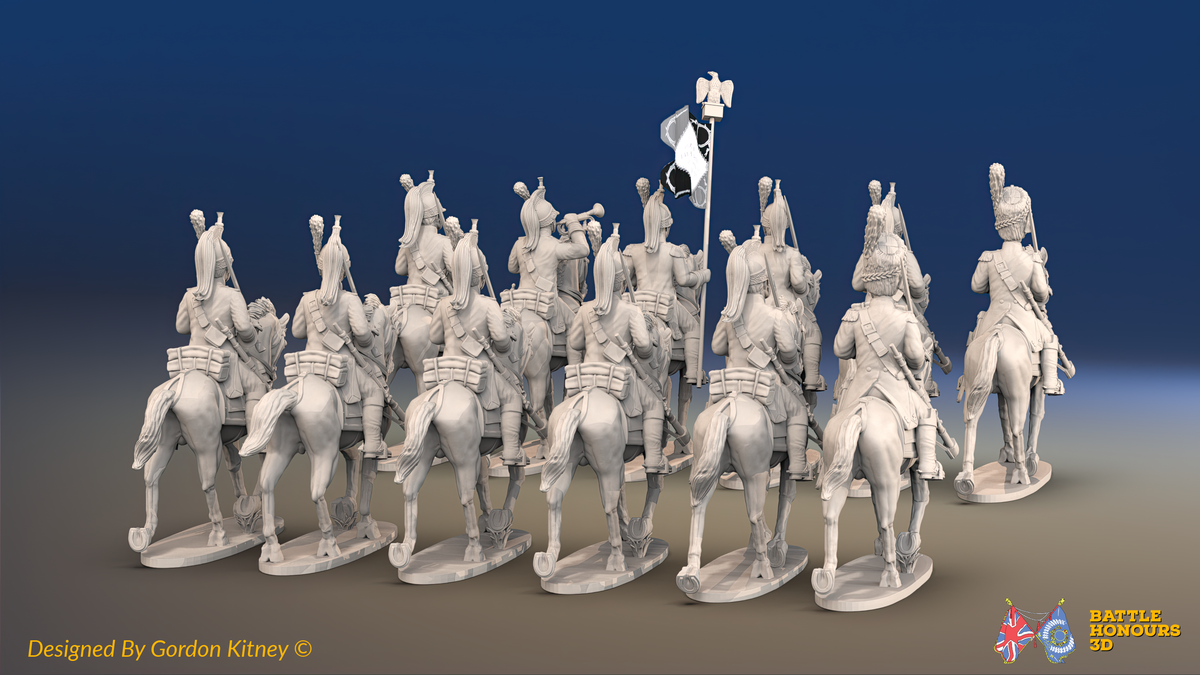 Napoleonic French Dragoon Regiment - Uncovered Helmets, Trotting - 12 mounted figures, rear view