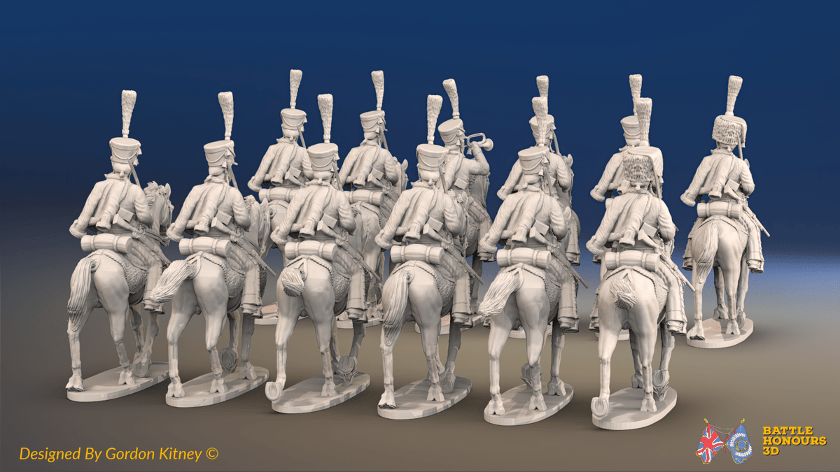 Napoleonic French Hussar Regiment - Full Dress, Trotting - 12 mounted figures, rear view