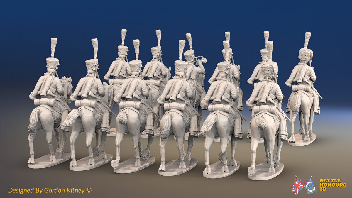 Napoleonic French Hussar Regiment - Full Dress, Trotting - 12 mounted figures, rear view