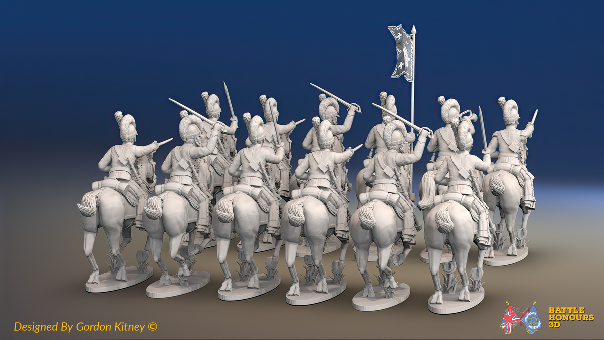 Napoleonic Spanish Light Cavalry Regiment - Tarleton Helmets, Galloping - 12 mounted figures, rear view