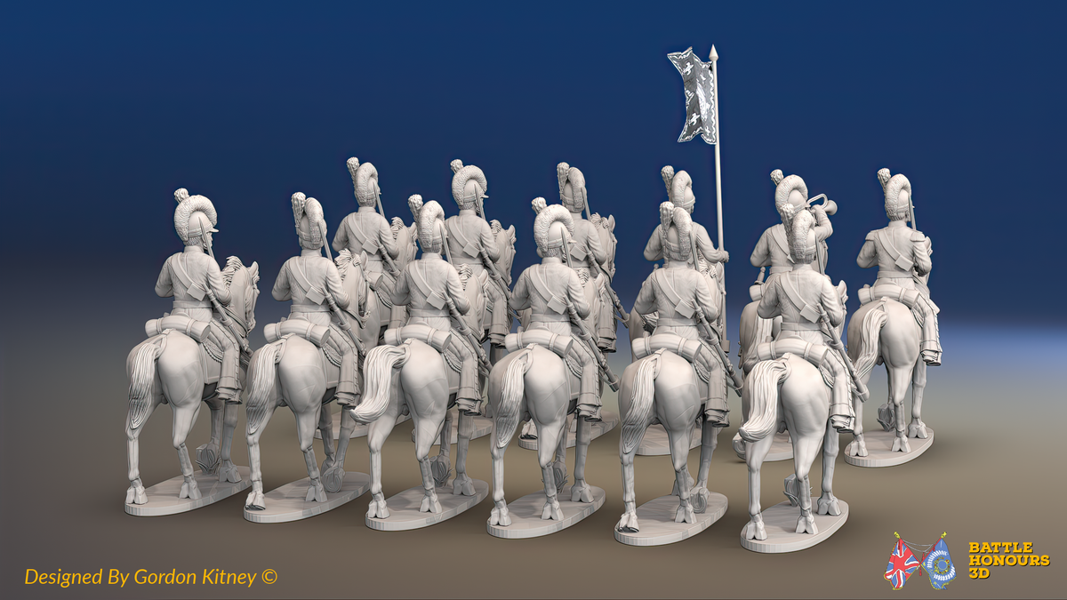 Napoleonic Spanish Light Cavalry Regiment - Tarleton Helmets, Trotting - 12 mounted figures, rear view
