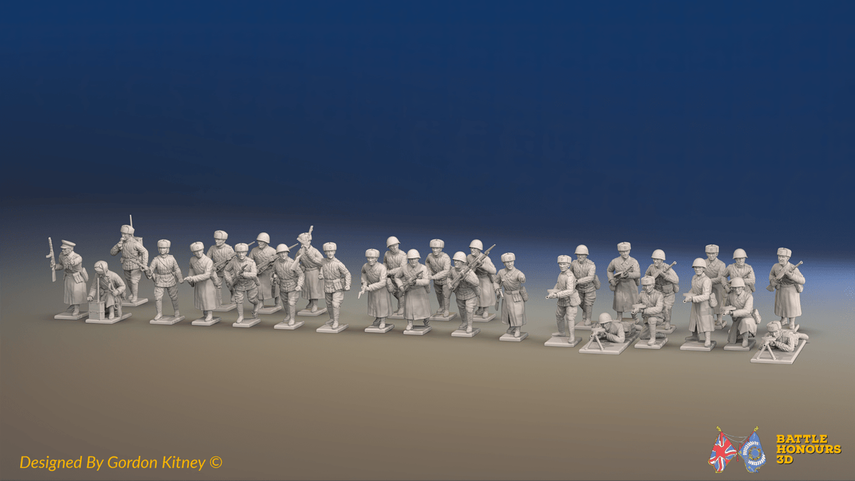 WW2 Soviet Infantry Platoon - Winter Clothing - 30 figures, front view
