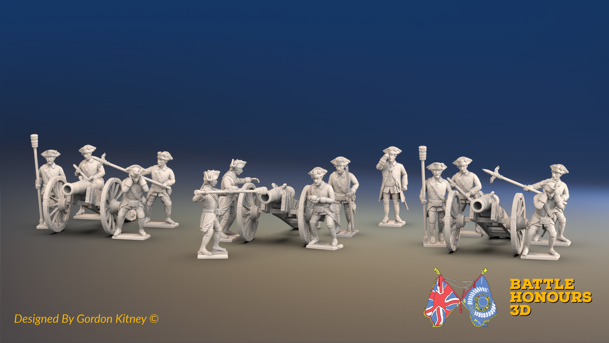 Seven Years’ War Russian Artillery Battery - 12-Pounders - Unicorns - Winter Uniform - 3 Guns and 13 Figures, front view. Supplied unpainted.