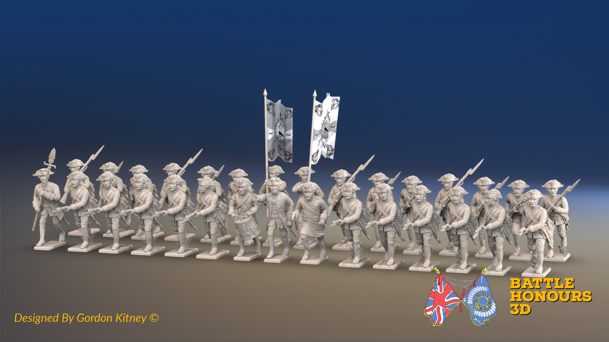 Seven Years’ War Prussian Garrison Musketeer Battalion - Charging - Set 4 - 30 Figures, front view. Supplied unpainted.