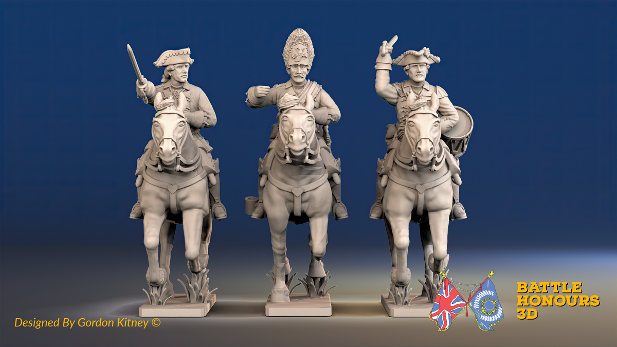 Seven Years’ War Prussian Dragoons Command - Galloping - Set 2 - Command 1, front view. Supplied unpainted.
