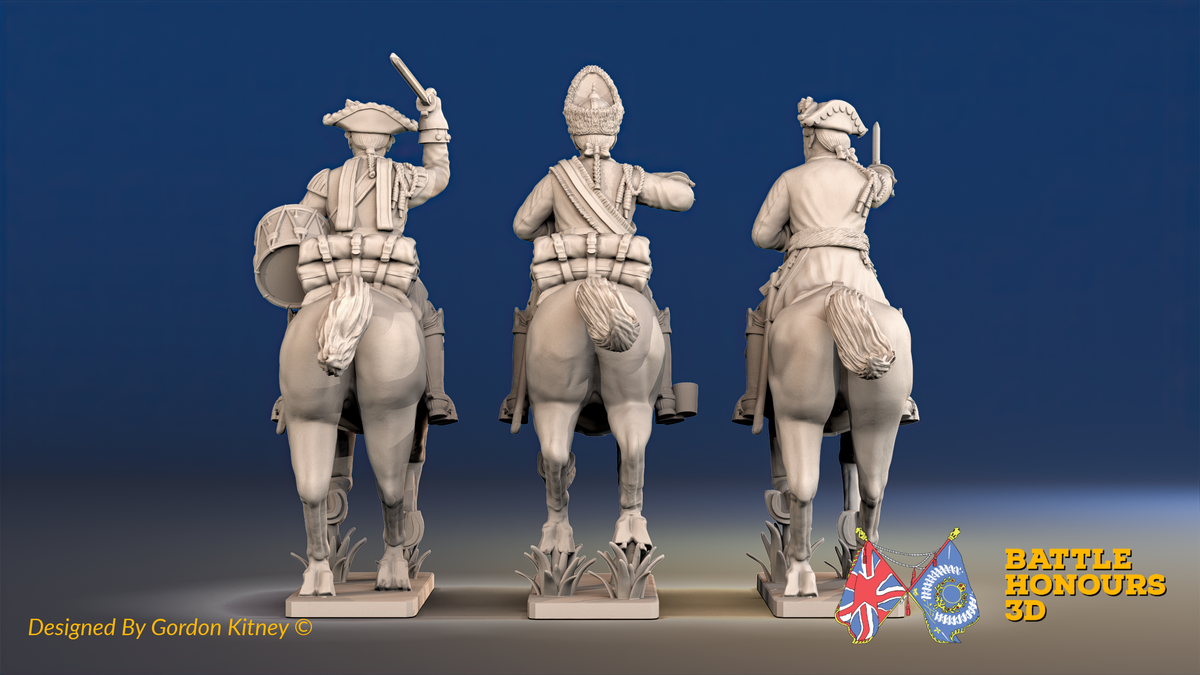 Seven Years’ War Prussian Dragoons Command - Galloping - Set 2 - Command 1, rear view. Supplied unpainted.
