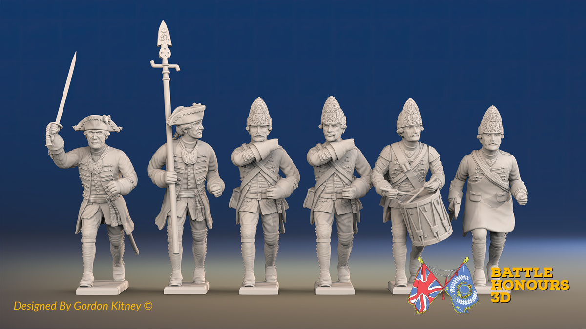 Seven Years’ War Prussian Fusiliers Command - Charging - Set 3, front view. Supplied unpainted.