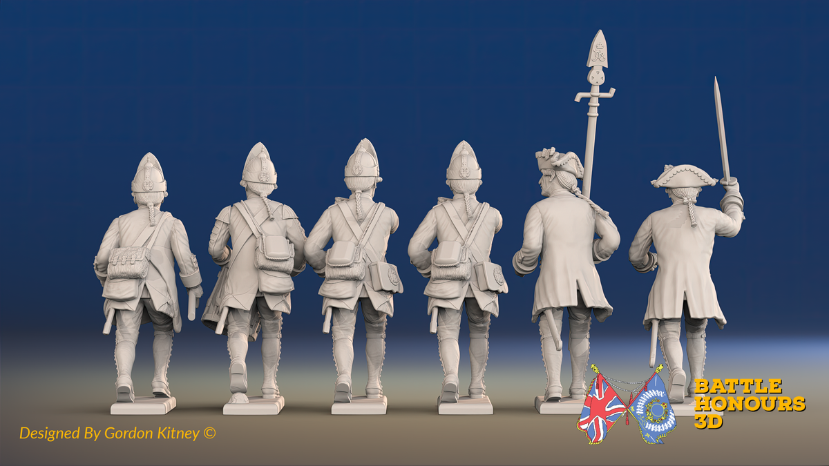 Seven Years’ War Prussian Fusiliers Command - Charging - Set 3, rear view. Supplied unpainted.