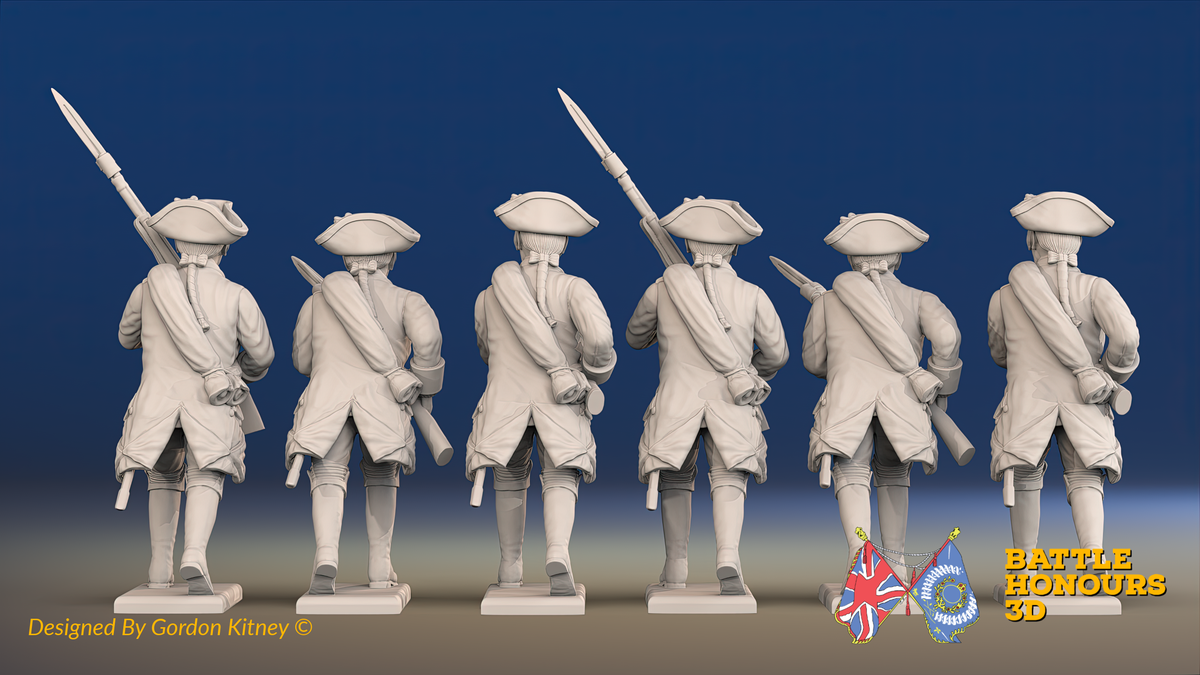 Seven Years’ War Russian Musketeers - Advancing - Winter Uniform - Observation Corps - Rolled Coats, rear view. Supplied unpainted.