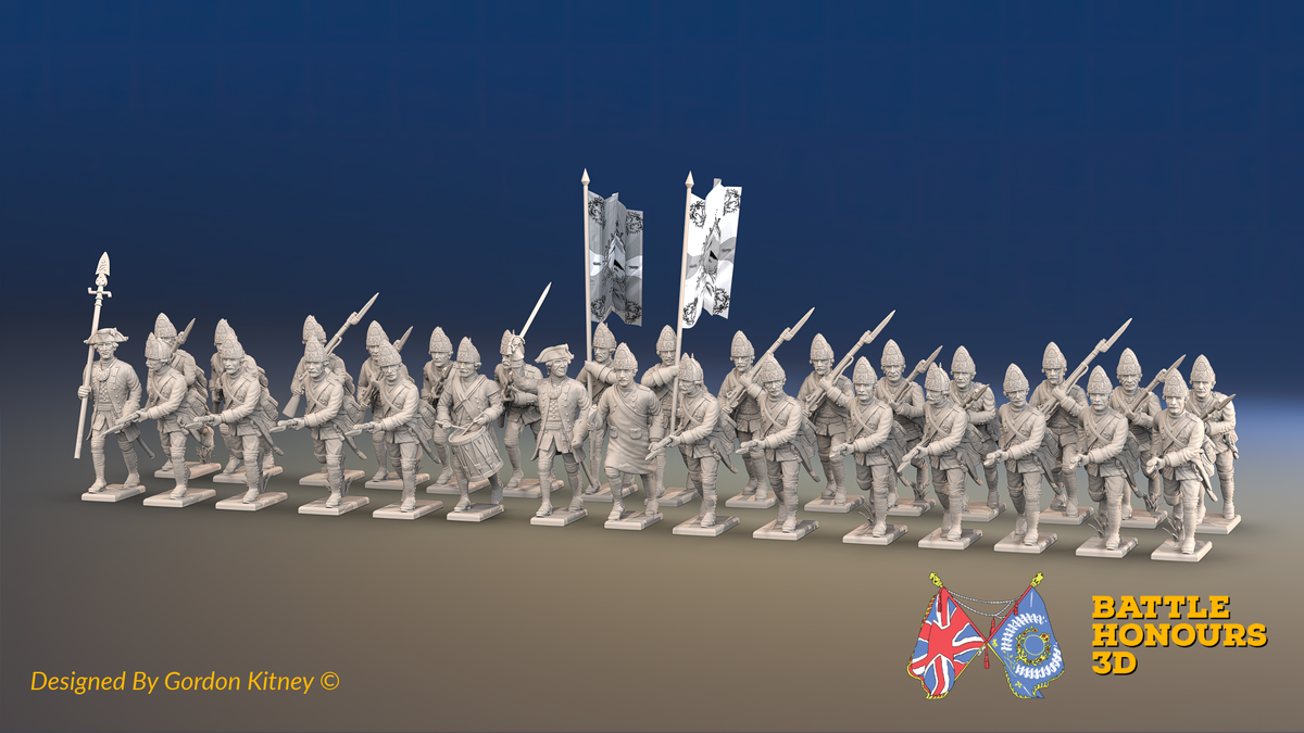 Seven Years’ War Prussian Fusilier Battalion - Charging - Plain Lapels - 30 Figures, front view. Supplied unpainted.