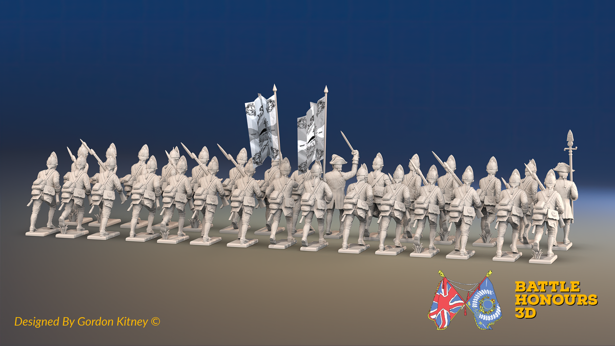 Seven Years’ War Prussian Fusilier Battalion - Charging - Plain Lapels - 30 Figures, rear view. Supplied unpainted.
