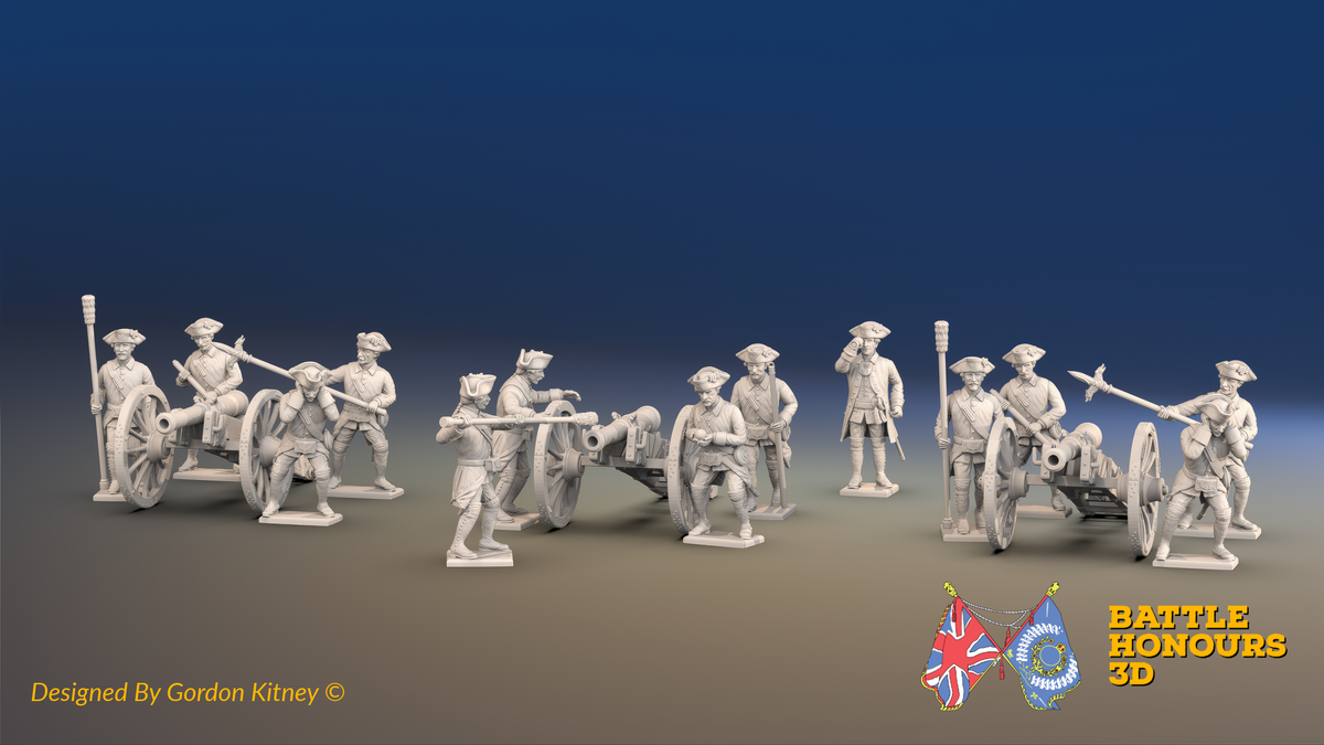 Seven Years’ War Russian Artillery Battery - 12-Pounders - Winter Uniform - 3 Guns and 13 Figures, front view. Supplied unpainted.