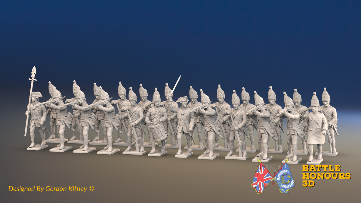 Seven Years’ War Prussian Grenadier Battalion - Firing Line - Pointed Lapel Lace and Coats Without Lapels - 30 Figures, front view. Supplied unpainted.
