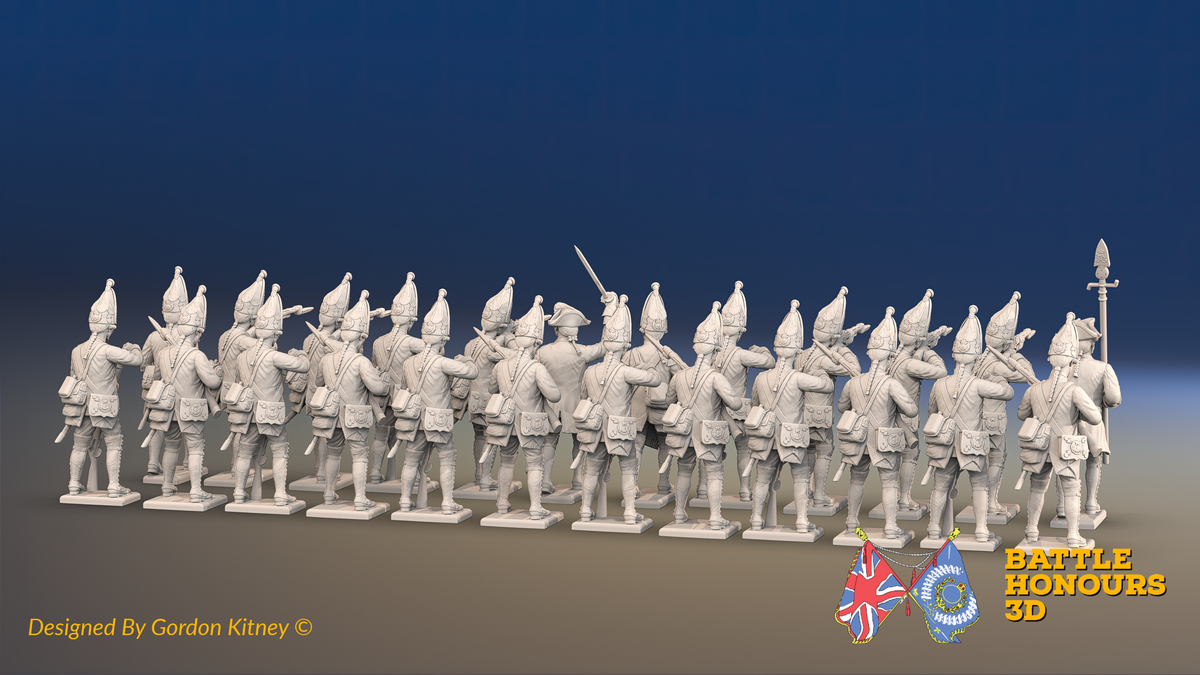 Seven Years’ War Prussian Grenadier Battalion - Firing Line - Pointed Lapel Lace and Coats Without Lapels - 30 Figures, rear view. Supplied unpainted.