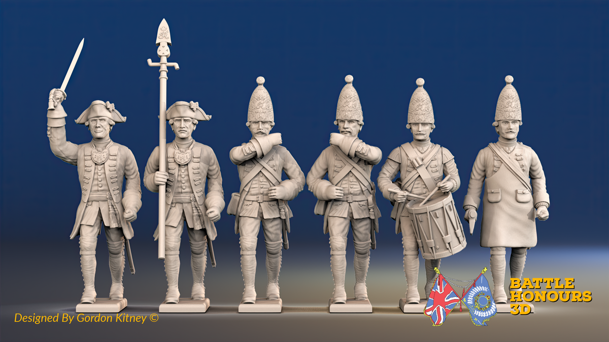 Seven Years’ War Prussian Grenadiers Command - March Attack - Straight Lapel Lace, front view. Supplied unpainted.