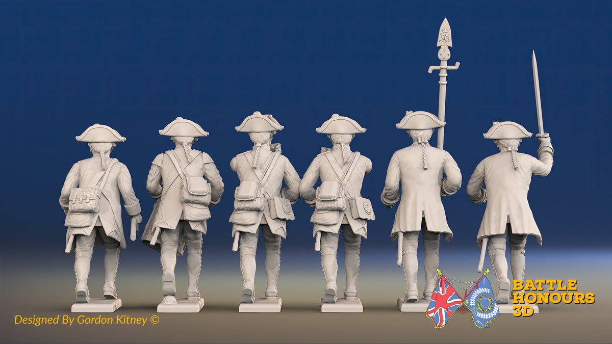 Seven Years’ War Prussian Musketeers Command - Charging - Straight Lapel Lace, rear view. Supplied unpainted.